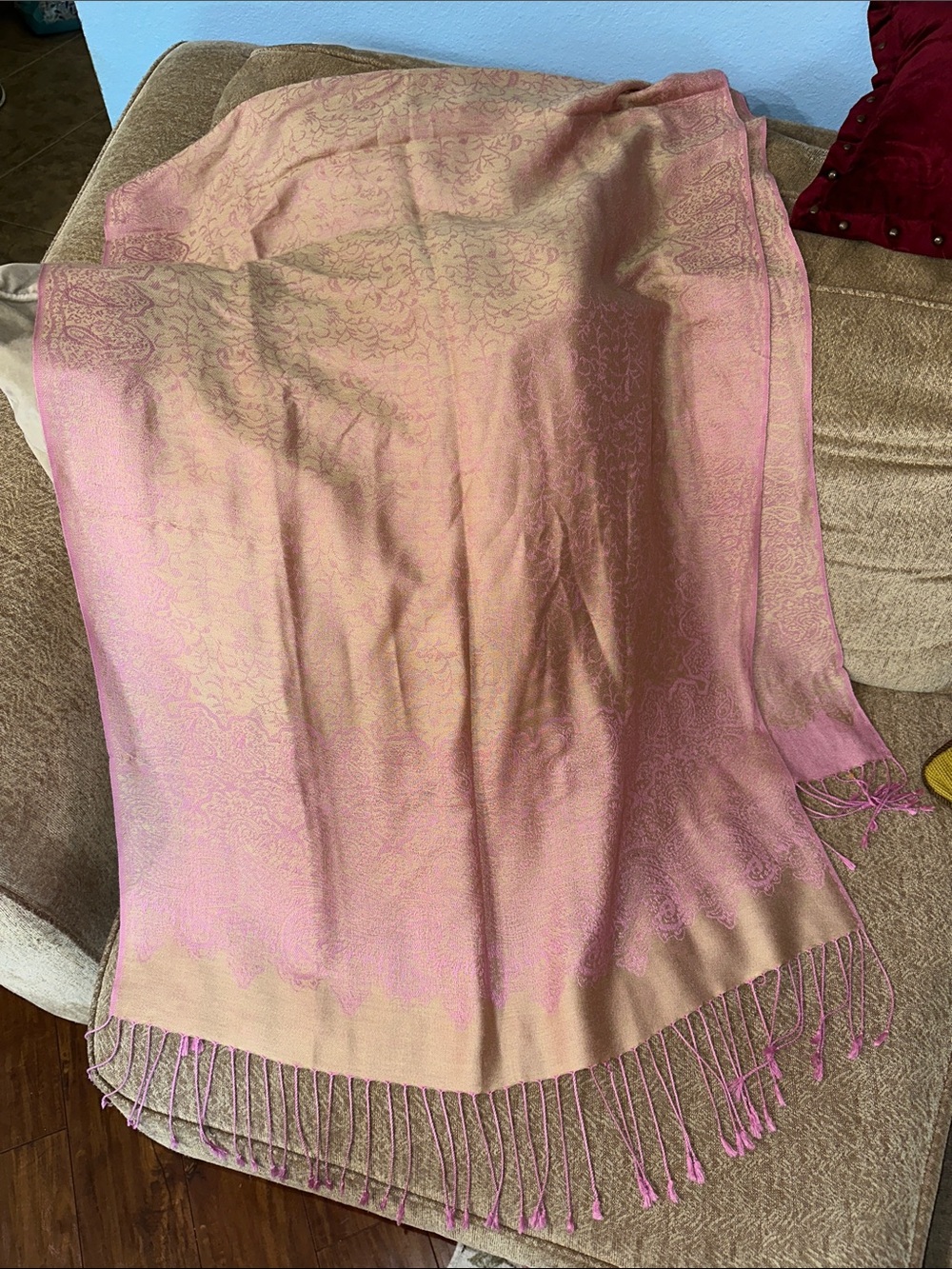 Pink Gold Paisley Pashmina Style Shawl Wrap Reversible Fringe 78"